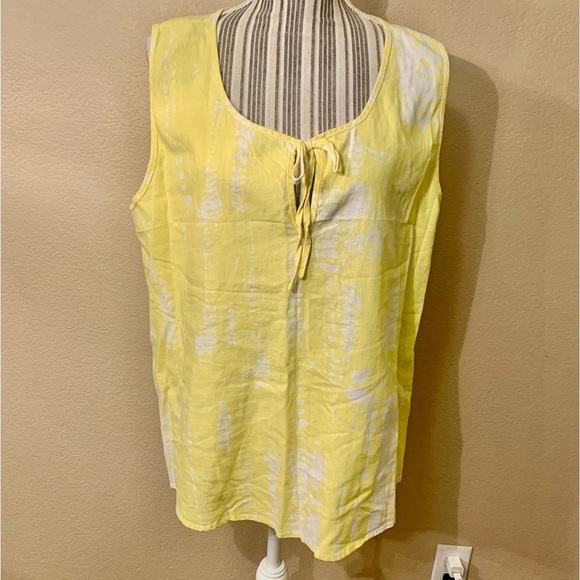 For Cynthia Linen Top XL Yellow White Blotchy Retro Keyhole Ties Linen Viscose - Picture 1 of 14